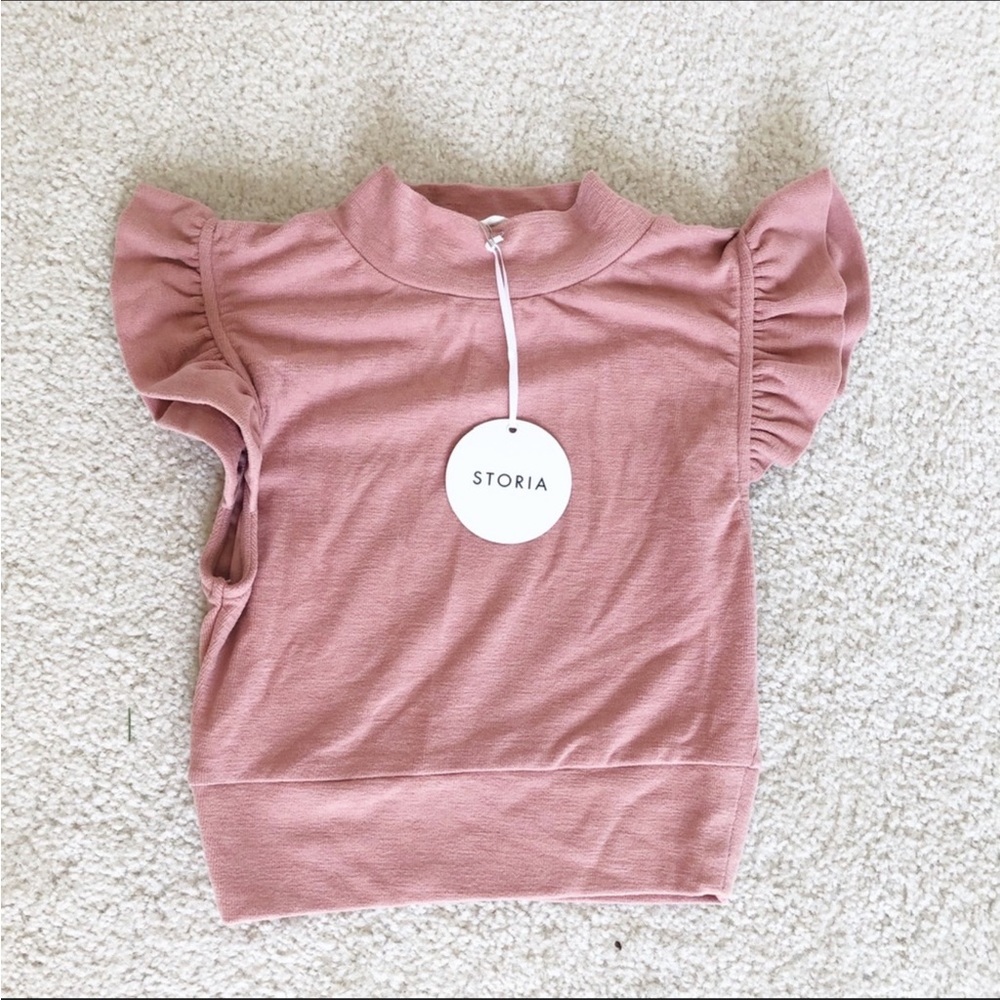 NWT Storia Ruffle Shoulder Mock Neck Crop Top